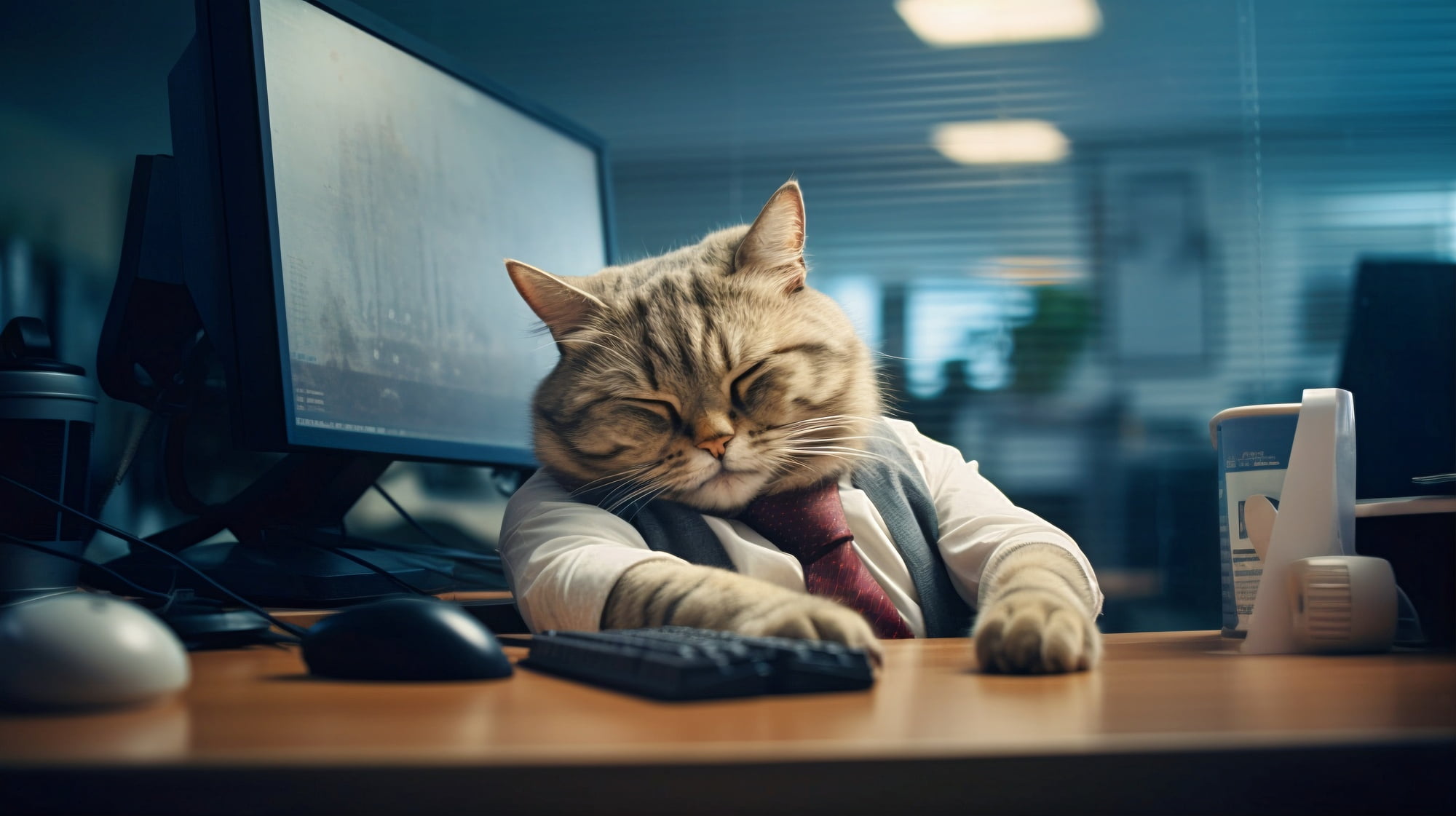 Chat habillé qui s'endors sur son bureau au travail