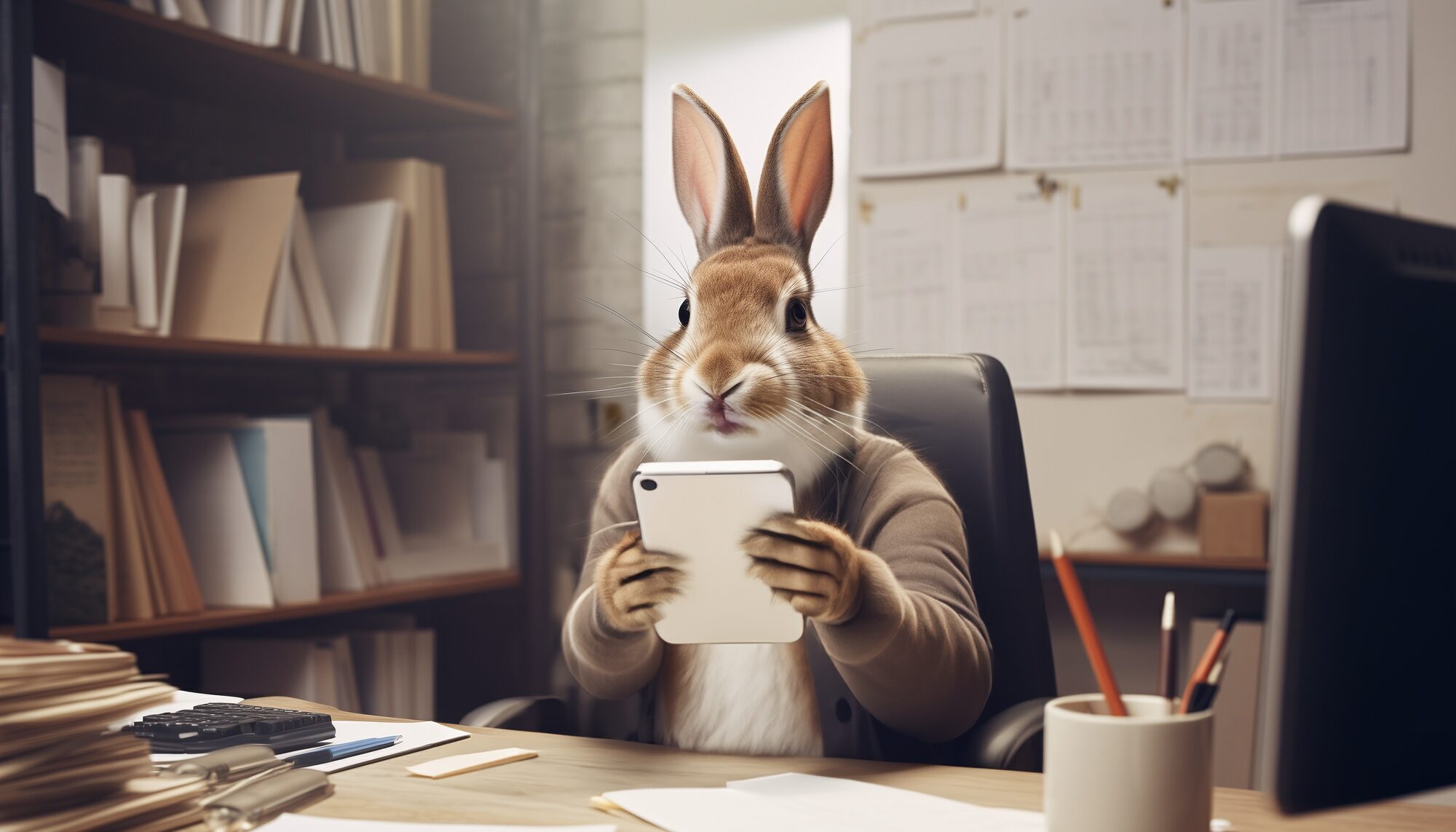 Lapin dans un bureau tenant une tablette.