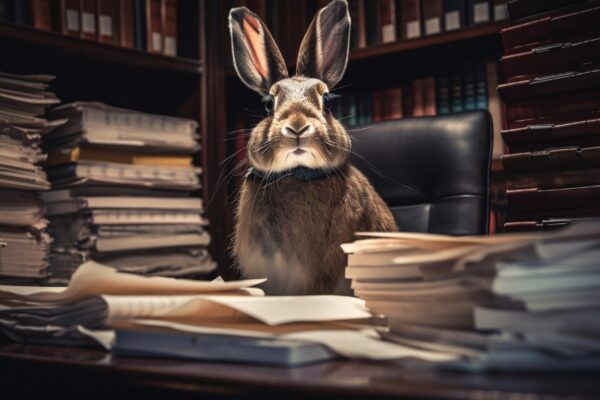 Lapin dans un bureau entouré de documents.