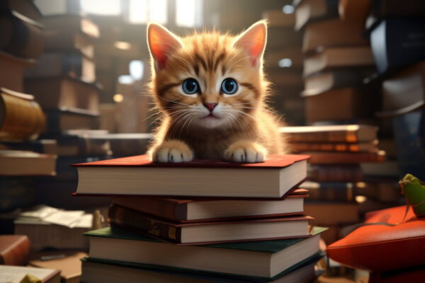 Chaton roux sur une pile de livres